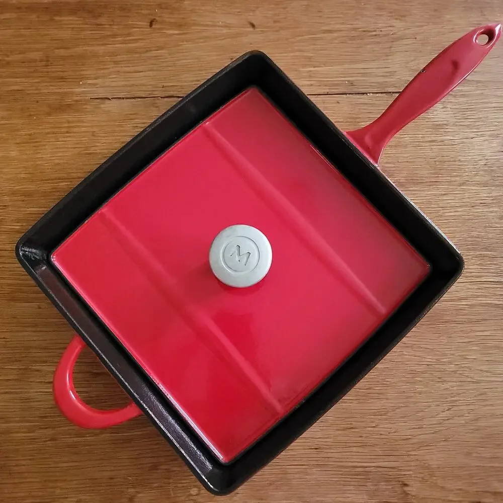 Crate and Barrel Mario Batali Red Enamel Cast Iron Grill Pan w Panini Press Lid